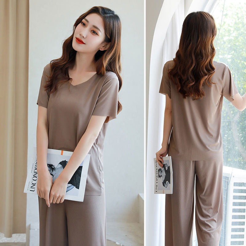 💖Begrenztes Angebot: 50 % Rabatt💖Weiches, bequemes Eisseiden-T-Shirt mit kurzen Ärmeln und lockere Zweiteiler-Kombination mit Hose mit weitem Bein