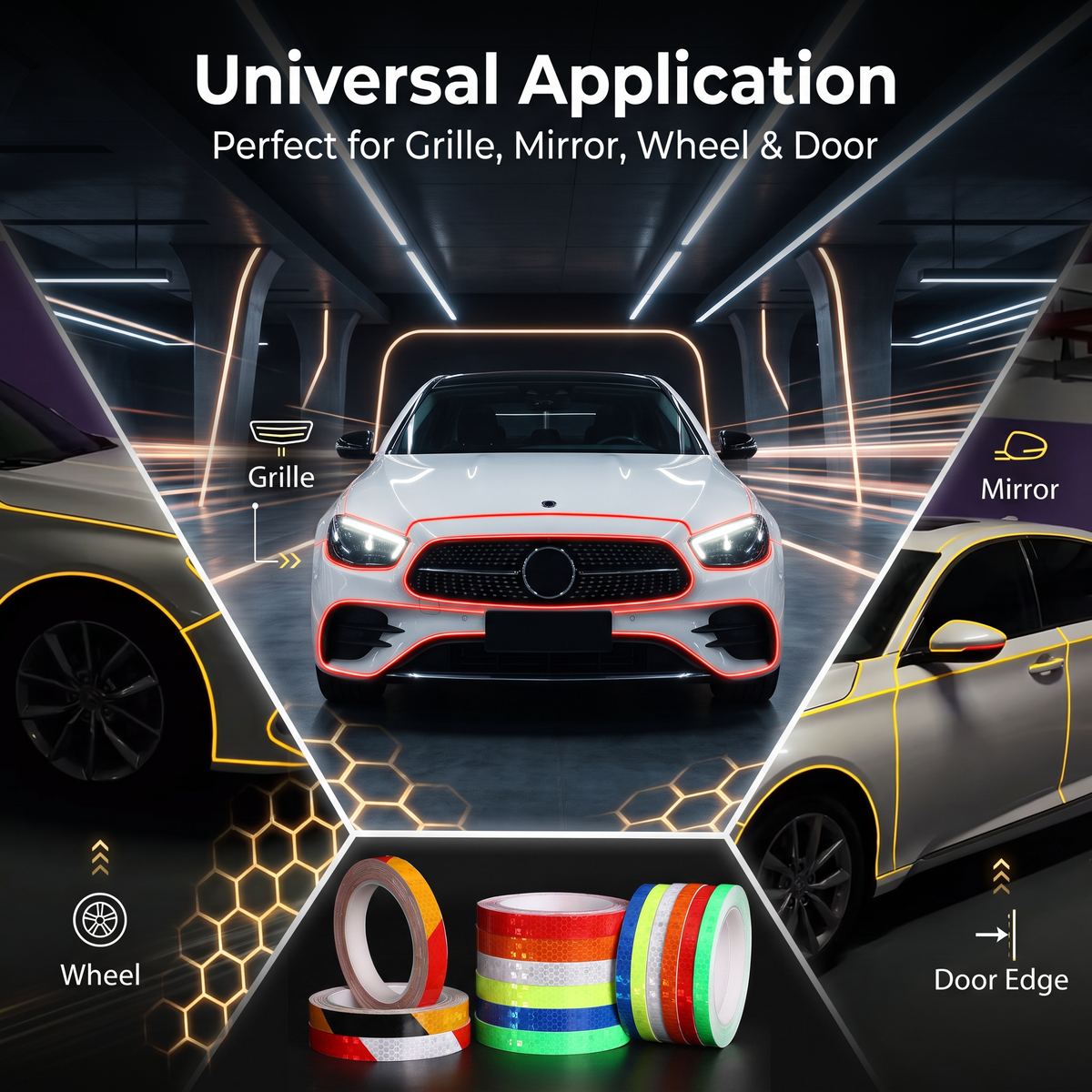 Premium Reflektierender Auto-Styling-Streifen – 6 leuchtende Farben Universeller Autoaufkleber für Kühlergrill, Spiegel, Rad & Tür