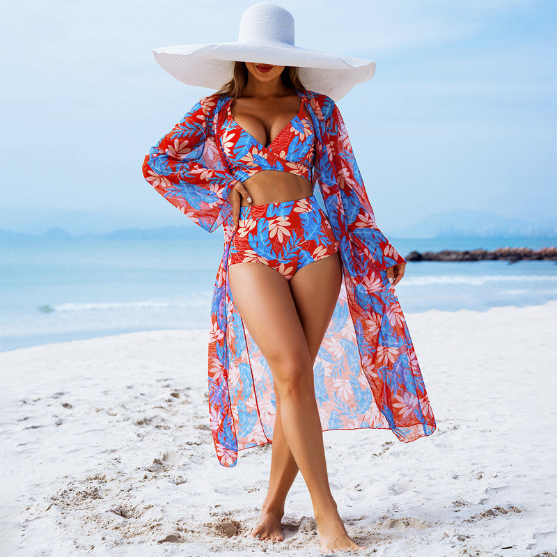 Dreiteiliger sexy Damen-Badeanzug mit Blumenmuster